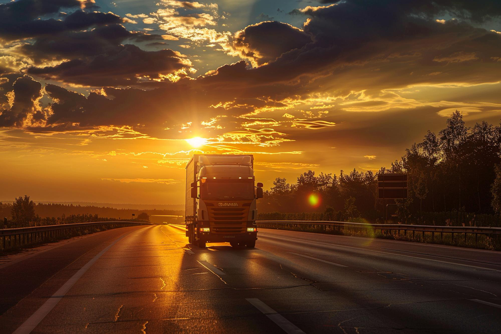 Caminhão transportador trafegando em rodovia ao pôr do sol, representando a continuidade operacional e o gerenciamento de sinistros de transportes.