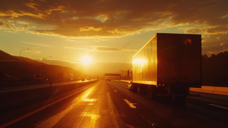 Seguro em transportes 9 Caminhão de carga trafegando em rodovia ao pôr do sol, ilustrando a importância do gerenciamento de riscos no transporte de cargas para reduzir o custo do seguro de carga
