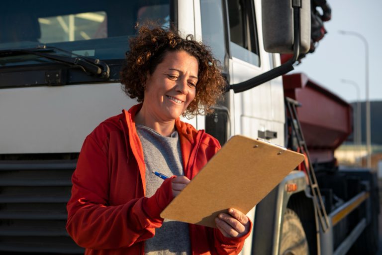 Seguro em transportes 9 Motorista em frente a caminhão de carga analisando documentos de apólice, representando a importância de revisar exclusões de seguro de transporte