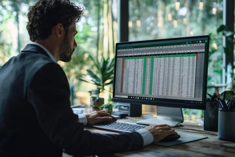 Seguro em transportes 9 Gestor analisando planilha com dados de sinistros e prêmios para calcular o índice de sinistralidade da frota